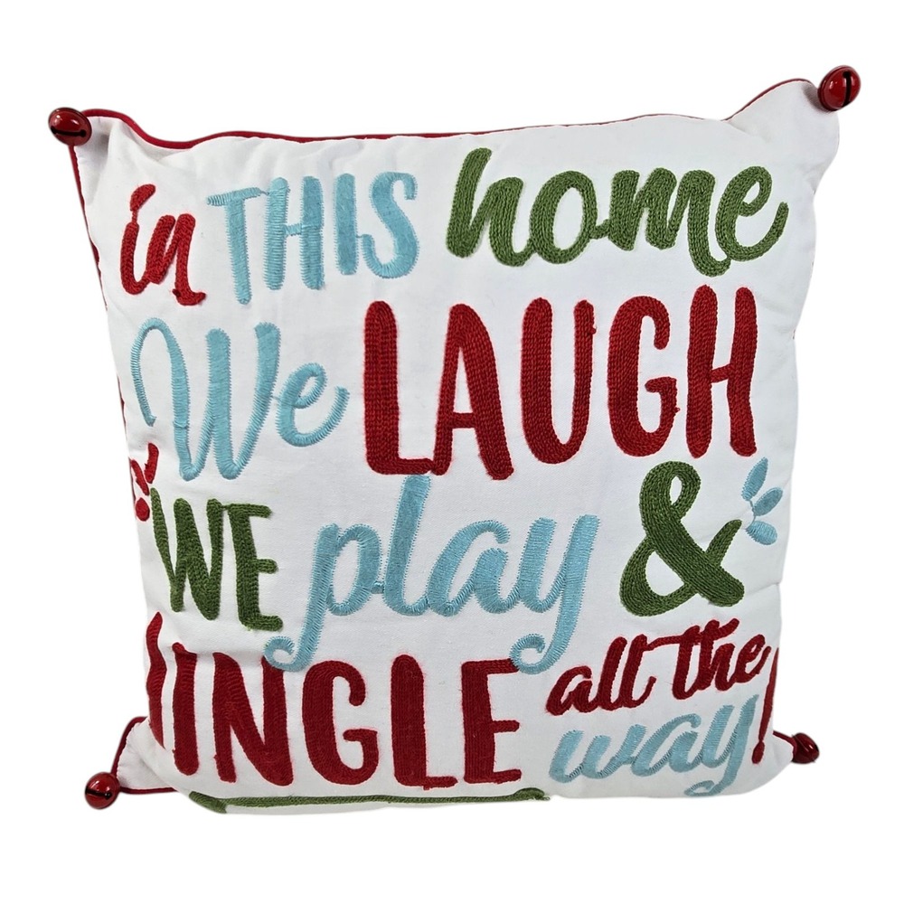 Embroidered Christmas Throw Pillow 17x17" Jingle All the Way w Red Bells EUC